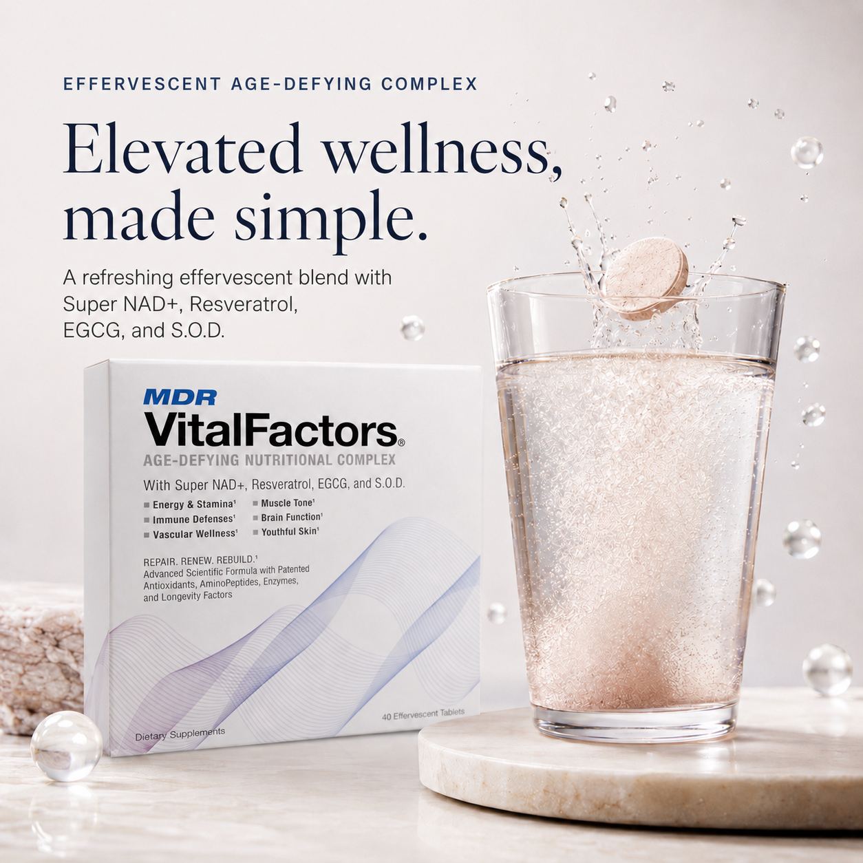 VitalFactors box beside a clear glass of effervescent water on a soft white counter